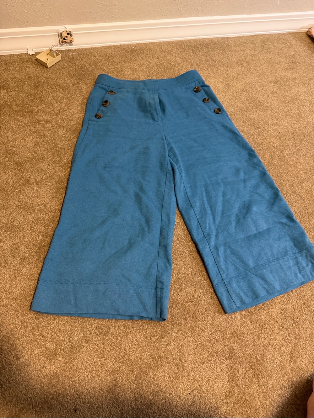 Ann Taylor Linen Wide-Leg Button Accent capri Pants in Teal